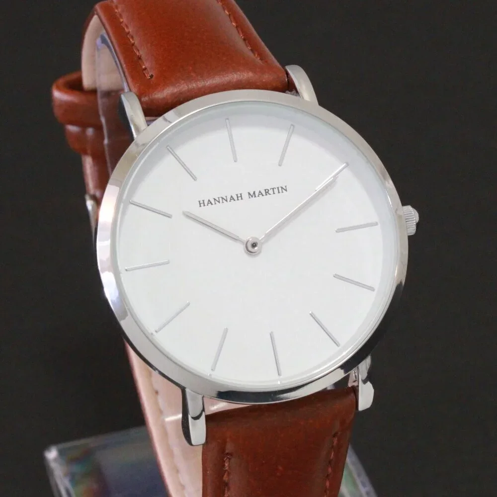 Men's Classic Minimalist 2 Hand Quartz Watch Raised Indices Brown Strap 36mm